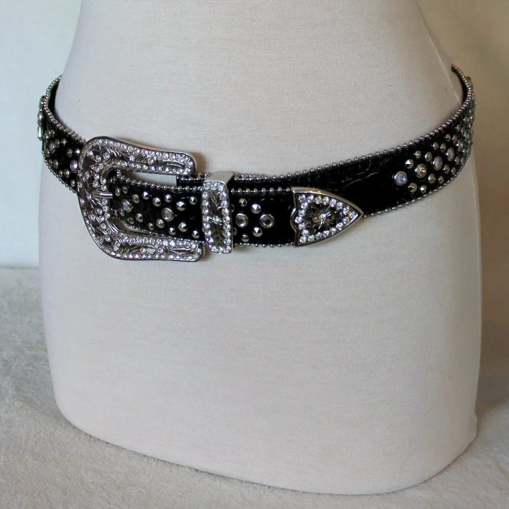 Western Black Bling Cross Belt & Buckle Clear Crystal Accent Genuine Leather SM